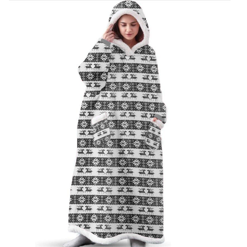 Festive Long Christmas Elk Printed Hooded Blanket-CALLISTARI