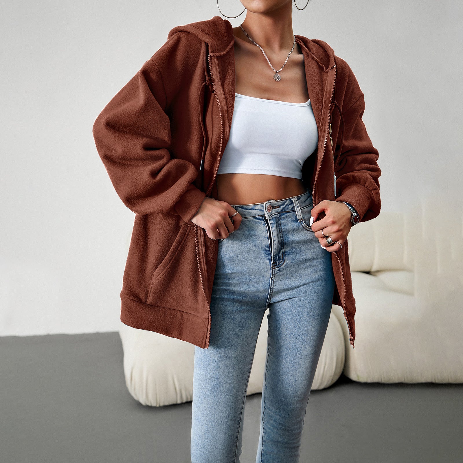 Casual Zipper Hooded Loose Cardigan Jacket-CALLISTARI