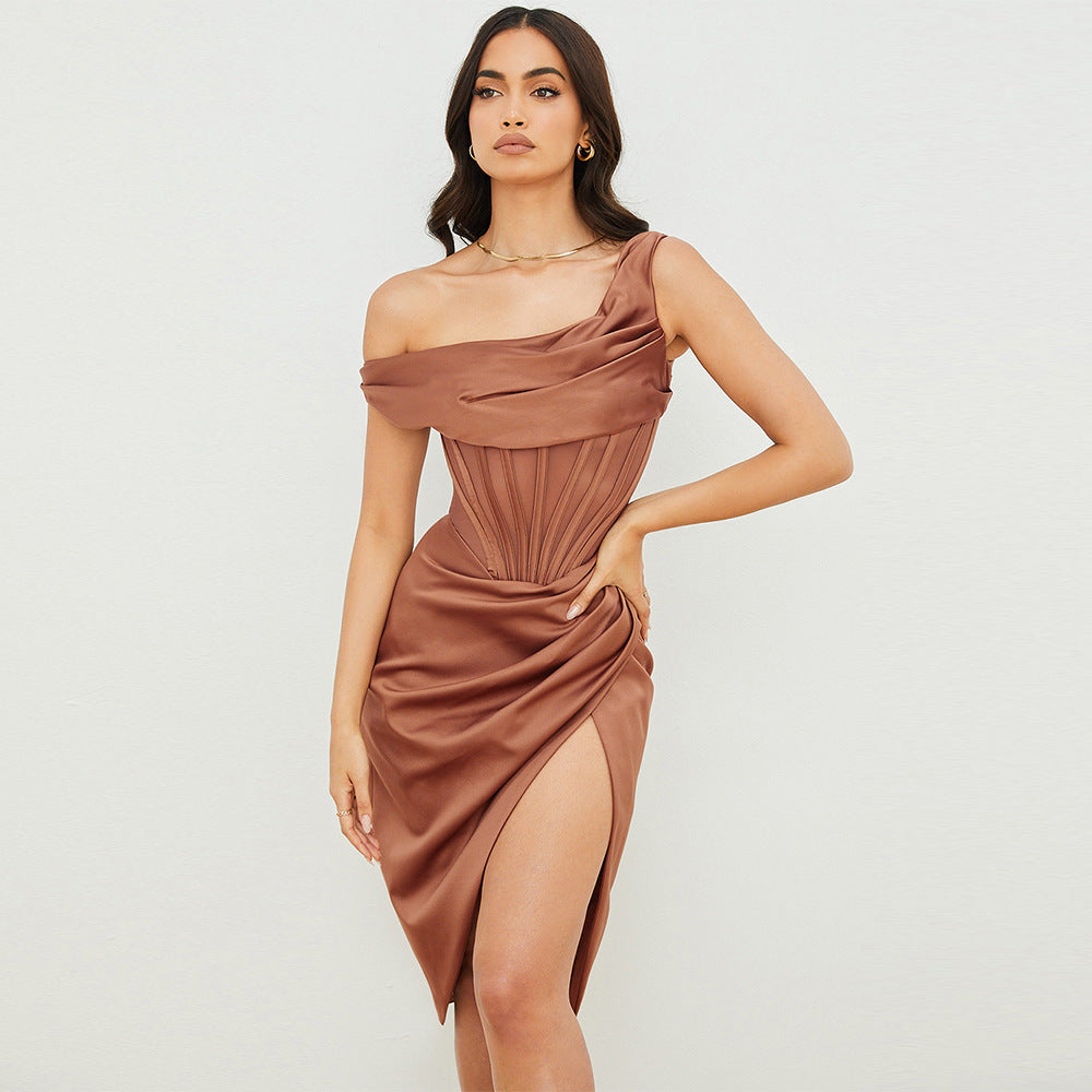 Isla Asymmetric Shoulder Stitch Slit Midi Dress-CALLISTARI