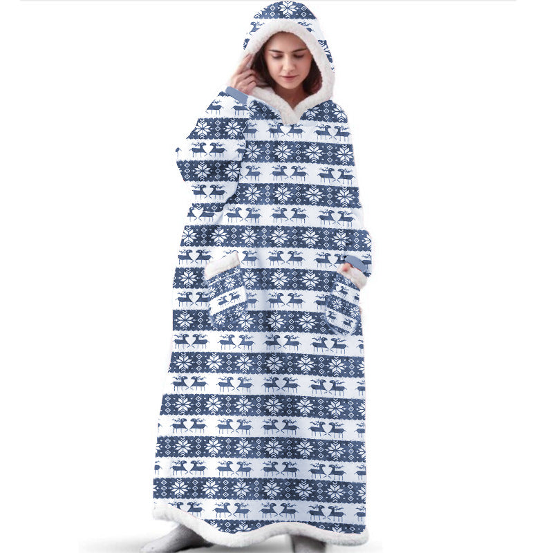 Festive Long Christmas Elk Printed Hooded Blanket-CALLISTARI