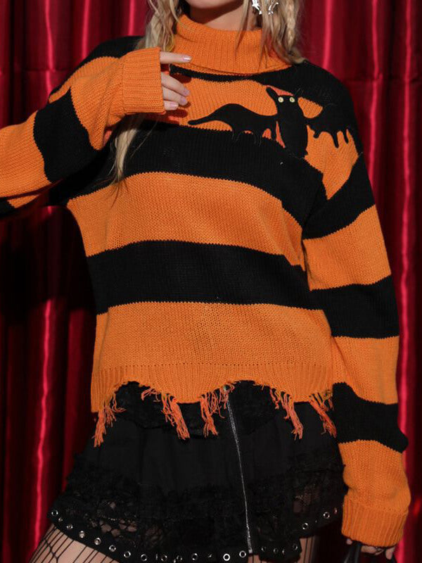 Halloween Cat Stripe Fringe Sweater-CALLISTARI