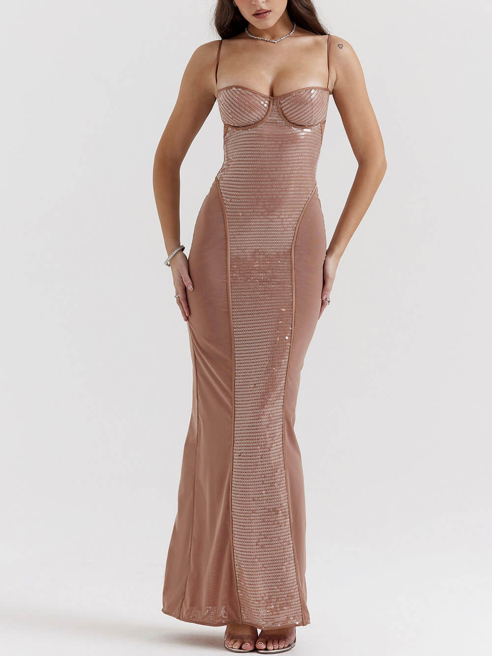 Strappy Sequin Maxi Dress-Mesadic
