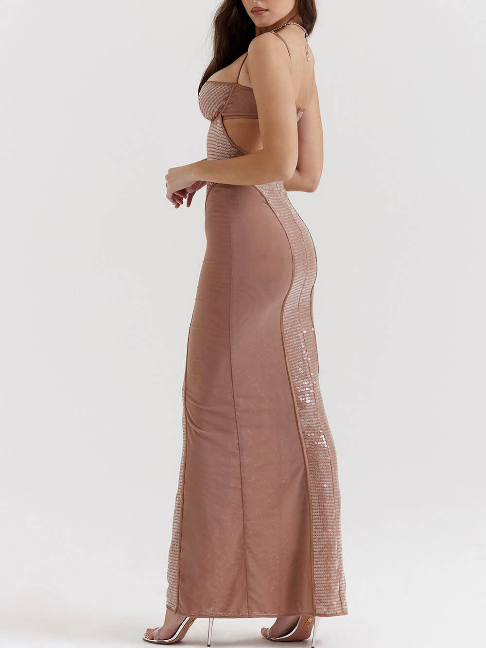 Strappy Sequin Maxi Dress-Mesadic