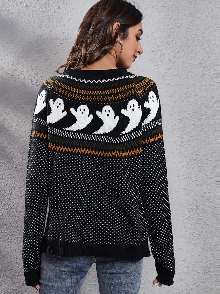Literary Retro Ghost Pattern  Round Neck Knitted Sweater-CALLISTARI