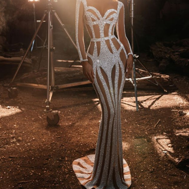 TINA NUDE MESH SEQUINS MAXI DRESS-CALLISTARI
