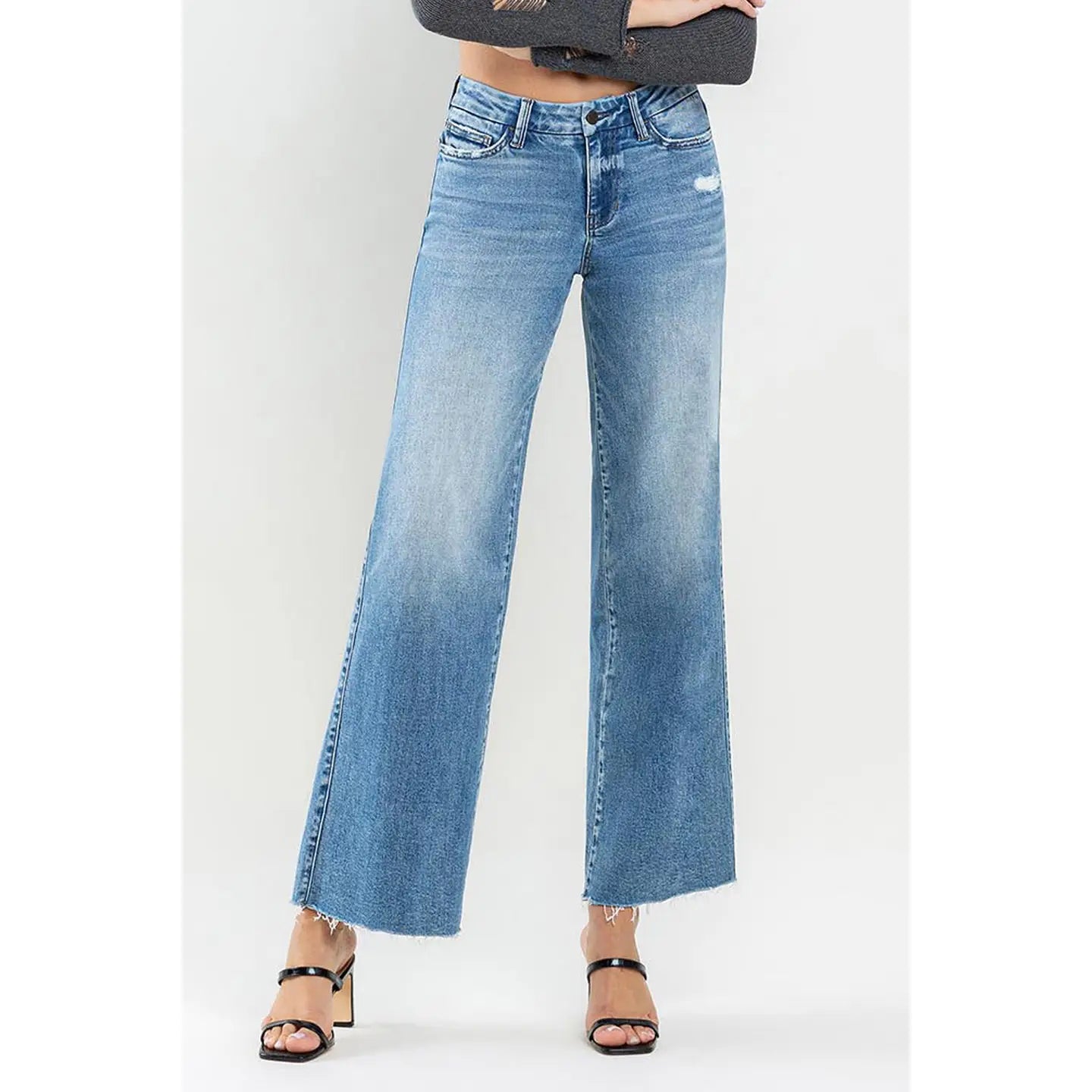 Mid Rise Clean Cut Raw Hem Wide Jeans-Mesadic