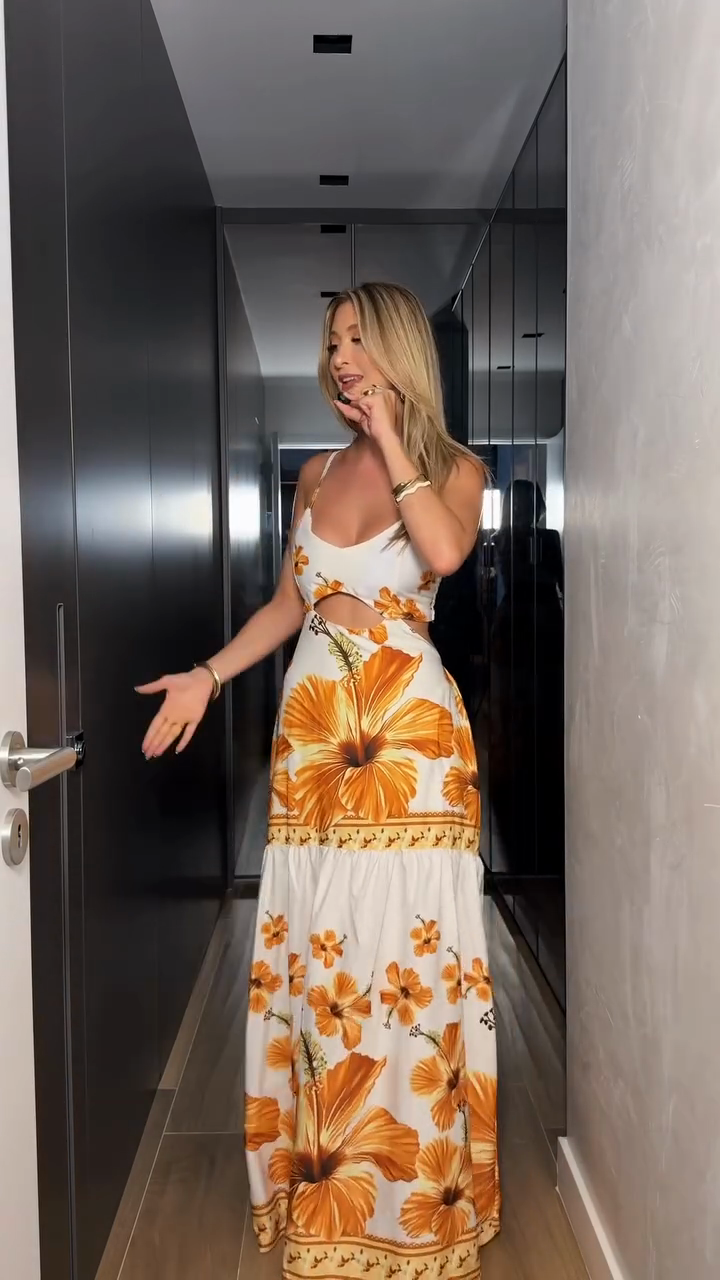 White and orange hibiscus flower cutout long dress