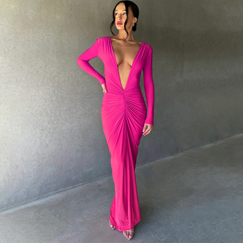 Midnight- Pleated Long Sleeve Backless Bodycon Maxi Dress-CALLISTARI