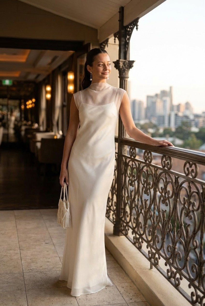 Sheer Organza Overlay Satin Maxi Dress
