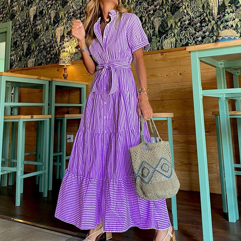 Santorini Breeze-Striped  Maxi Shirt Dress-CALLISTARI