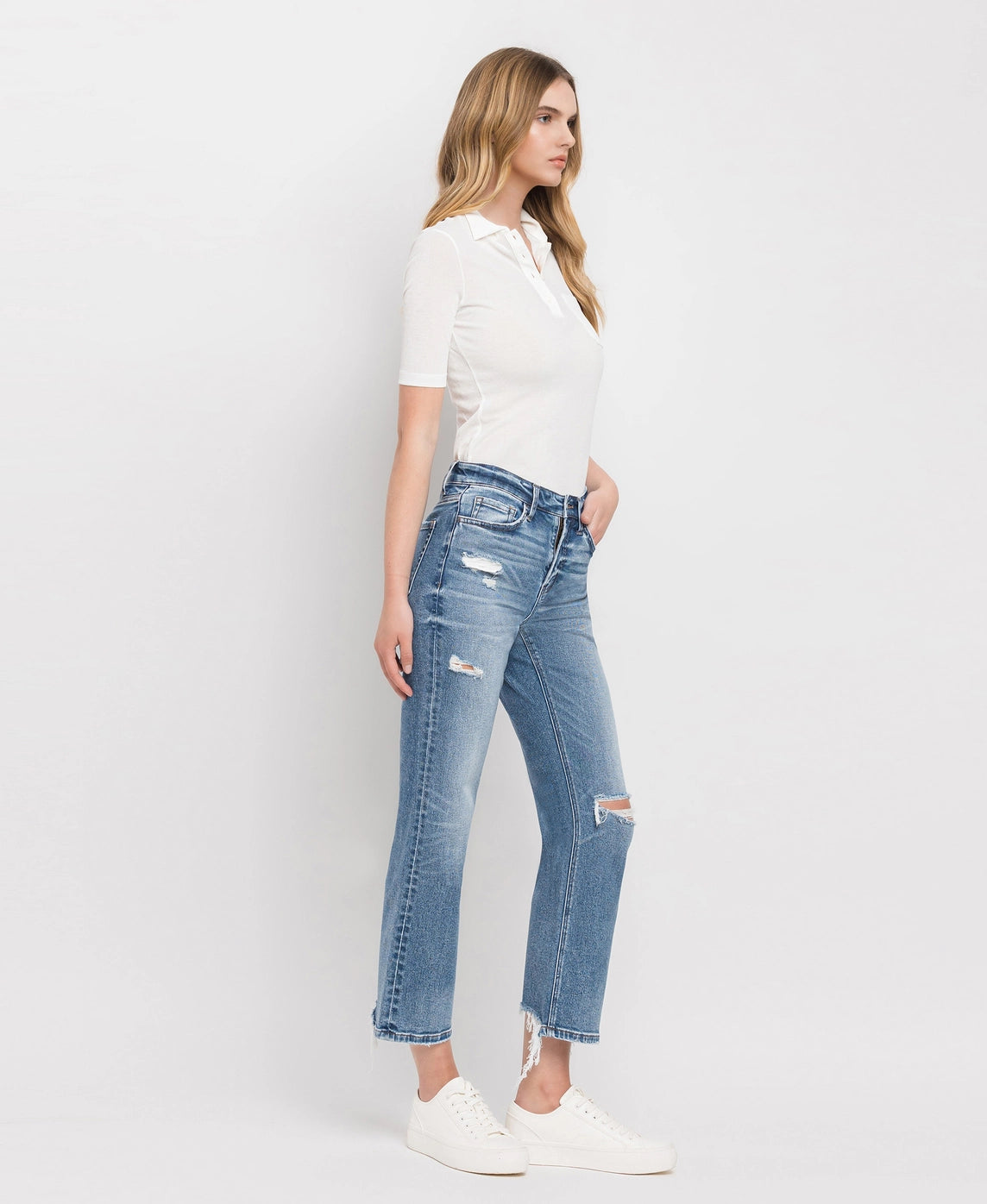 High Rise Distressed Hem Crop Straight Jeans-Mesadic