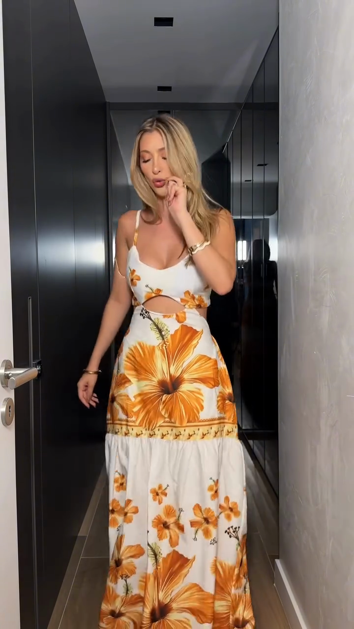 White and orange hibiscus flower cutout long dress