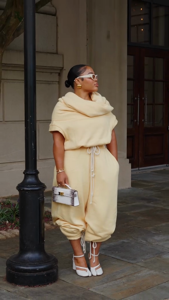 Cream - Colored Cowl - Neck Top and Drawstring Pants Set