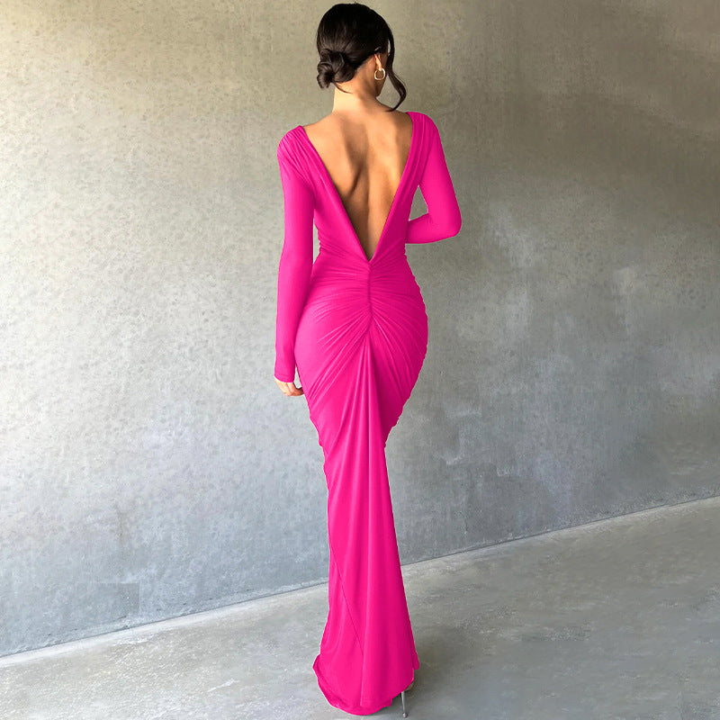 Midnight- Pleated Long Sleeve Backless Bodycon Maxi Dress-CALLISTARI