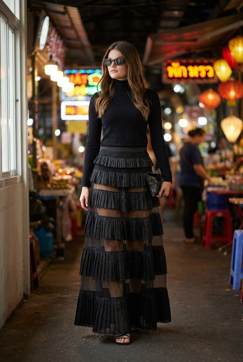 Pleated Sheer Mesh Maxi Skirt 