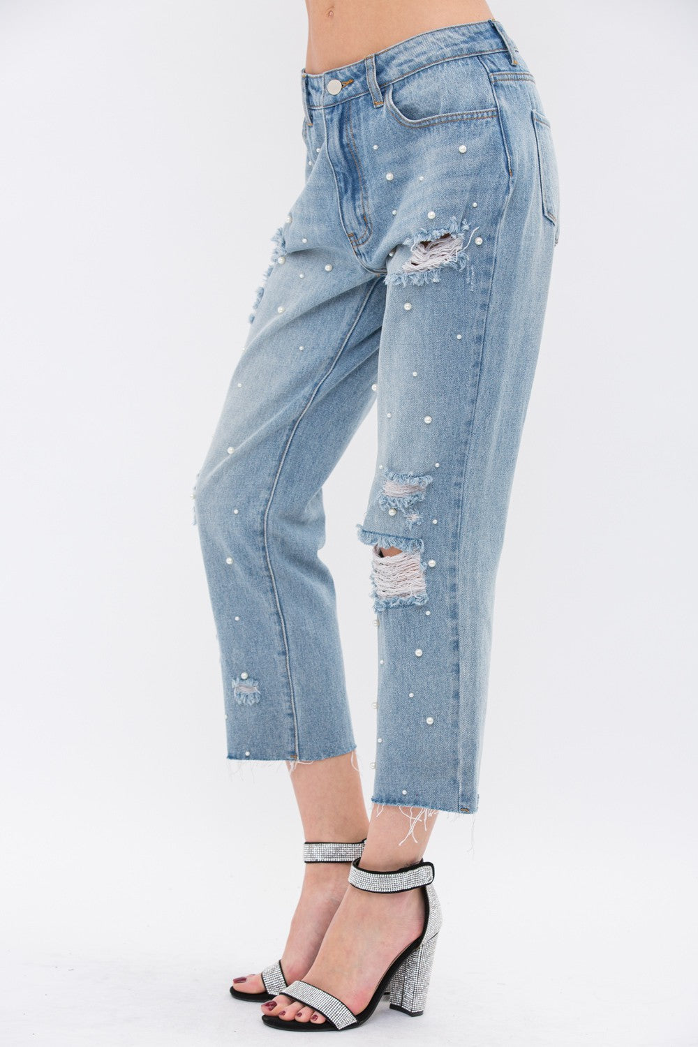 Pearl Embellished Front Ripped Jeans-Mesadic