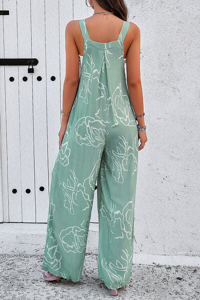 Printed Wide Strap Jumpsuit with Pockets-CALLISTARI