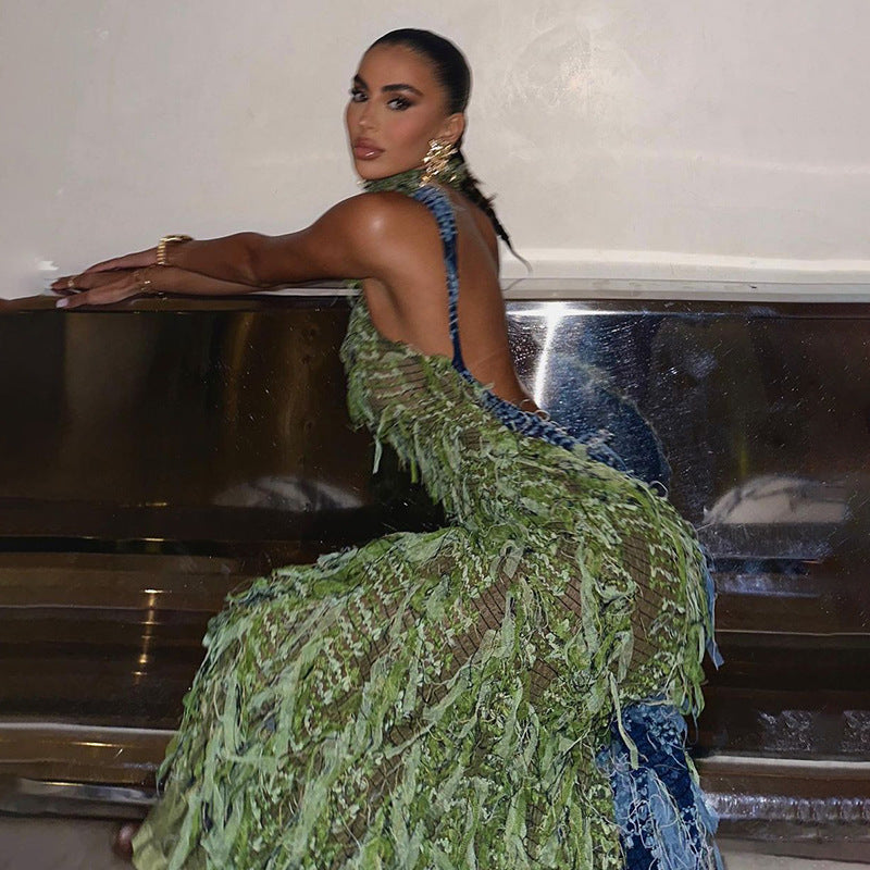 SORA Shaggy Green Halter Midi Dress-CALLISTARI