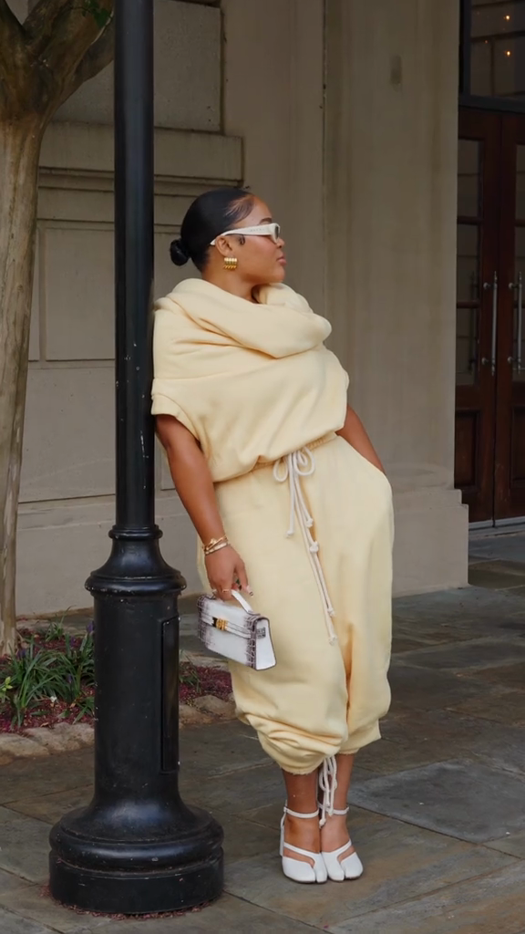 Cream - Colored Cowl - Neck Top and Drawstring Pants Set