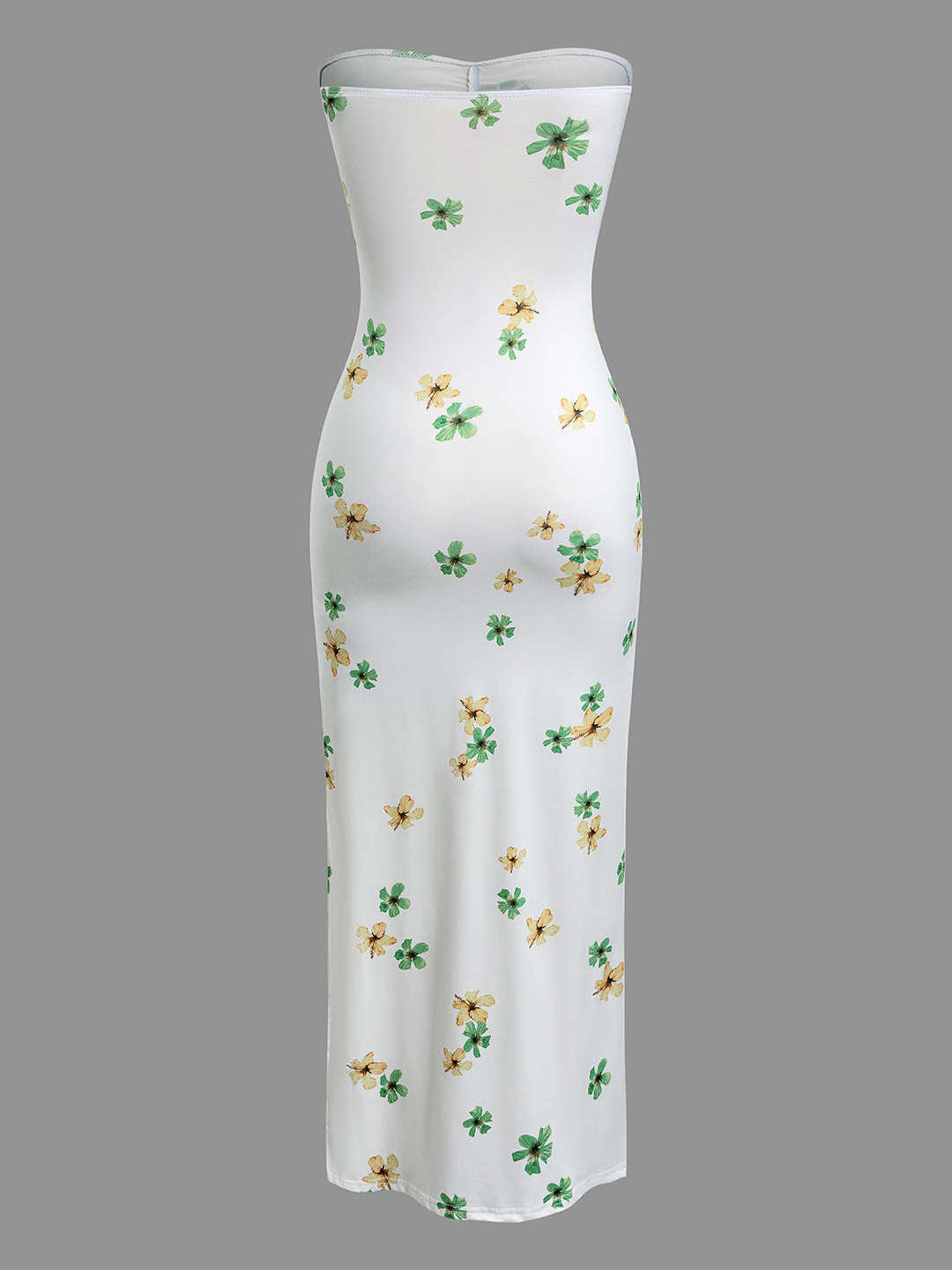 Floral Print Ruched Slit Strapless Maxi Dress-CALLISTARI