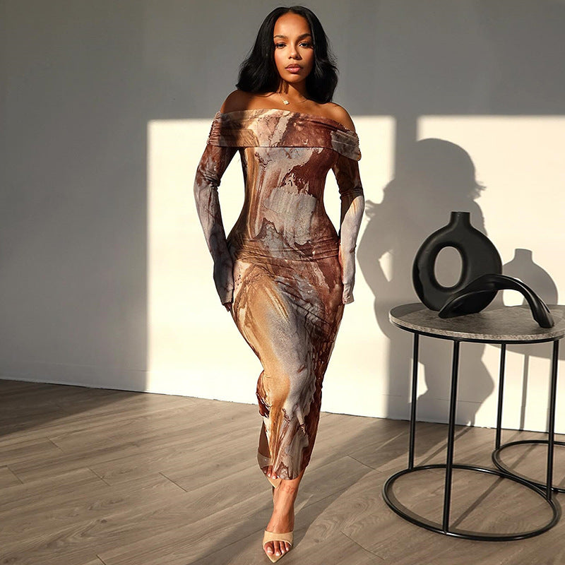 Off-Shoulder Abstract Print Layered Bodycon Maxi Dress-CALLISTARI