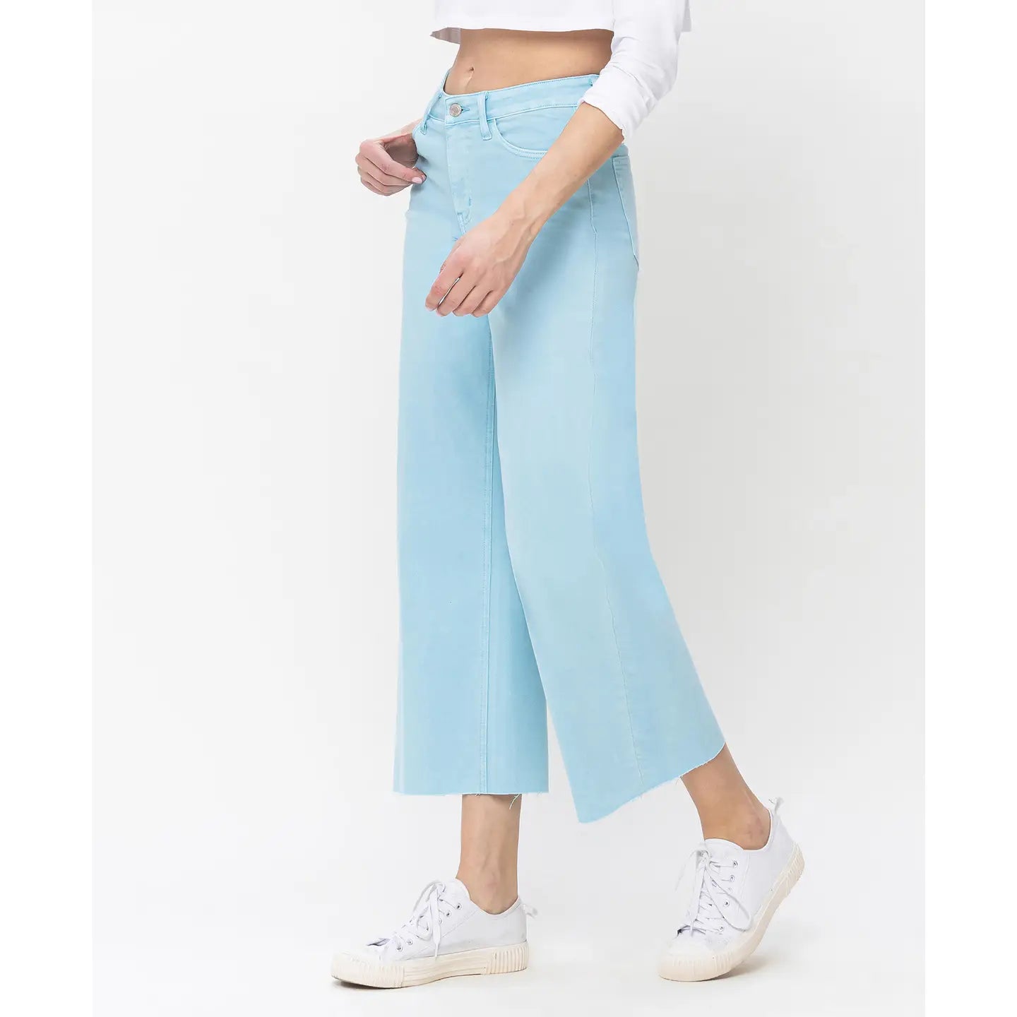 High Rise Clean Cut Raw Hem Wide Leg Jeans - Pastel Turquoise-Mesadic