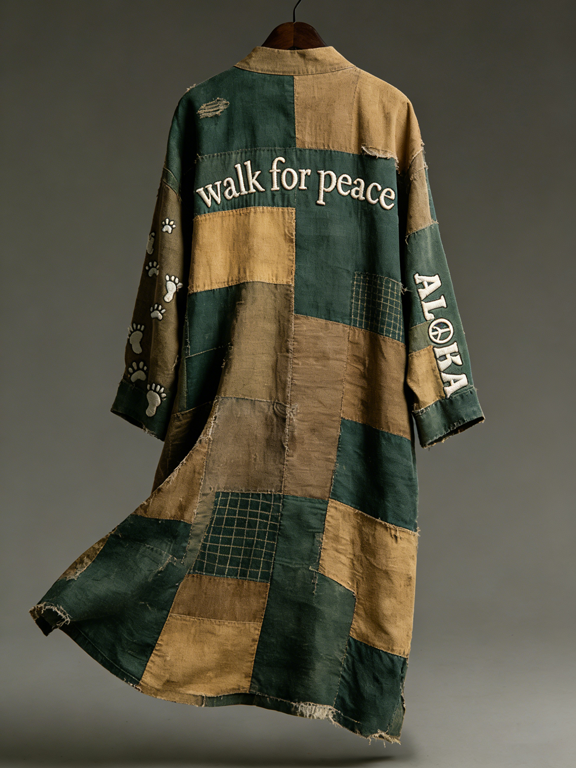 Vintage Peace For Walk Art In Patchwork Print Linen Long Kimono