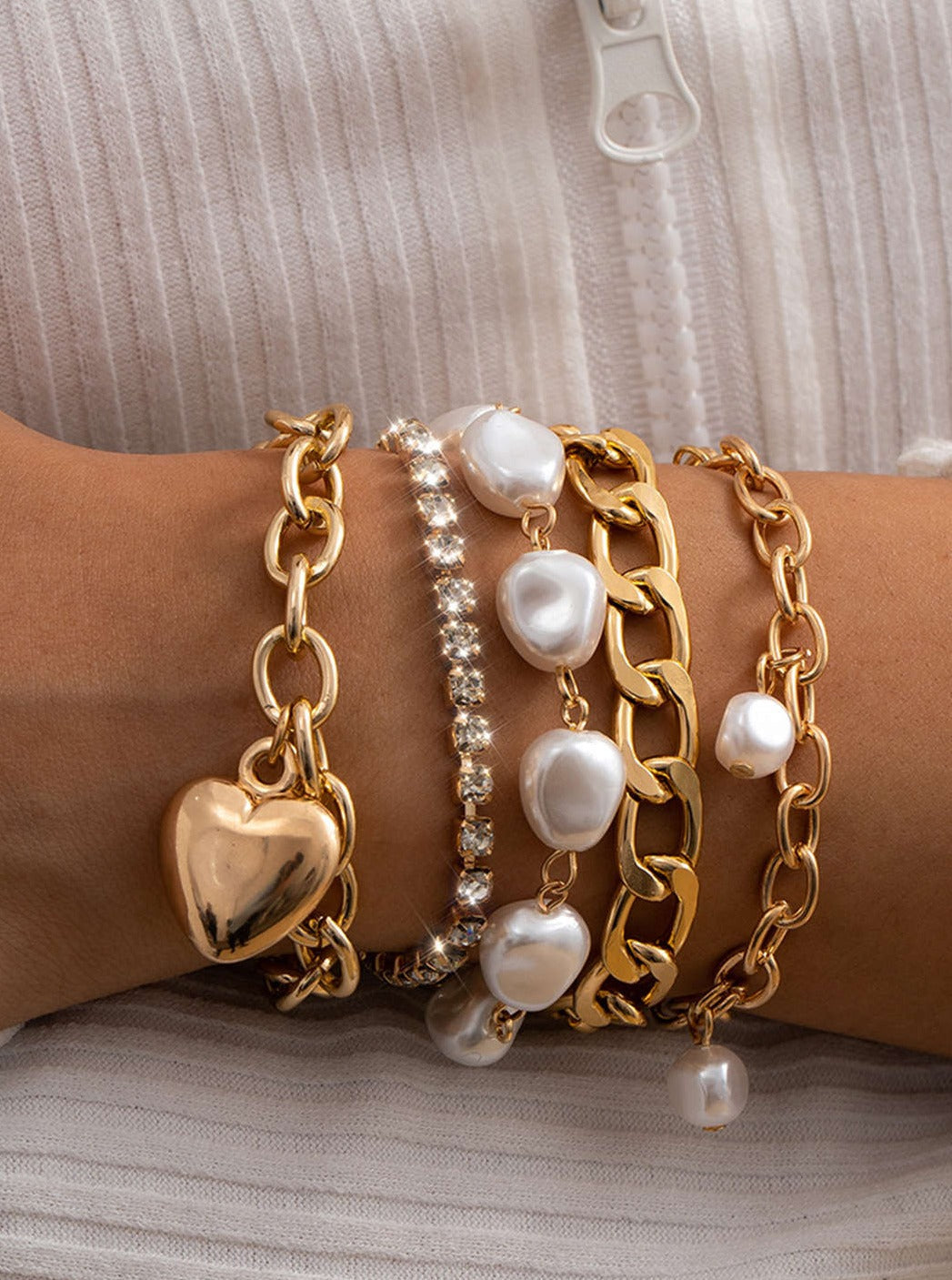 Metal Chain and Pearl Layered Bracelet Set-CALLISTARI