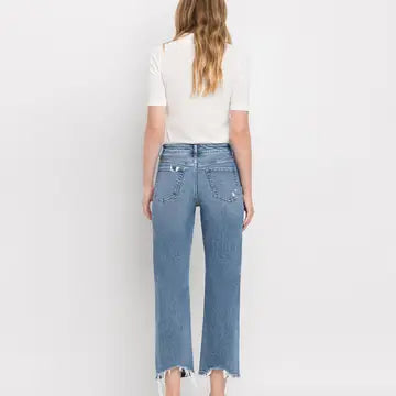 High Rise Distressed Hem Crop Straight Jeans-Mesadic