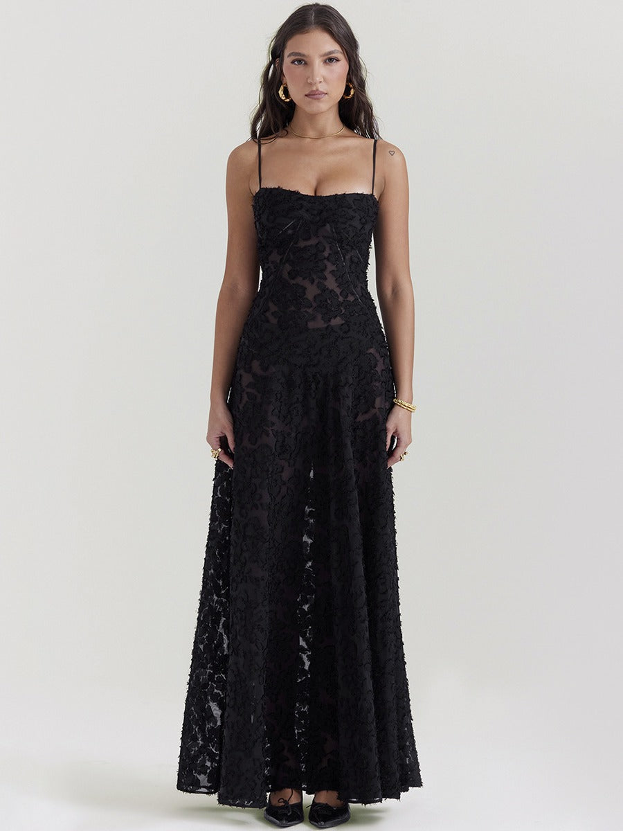Jessie Floral Jacquard Lace Gothic Party Flowy Slip Maxi Dresses-Black-CALLISTARI