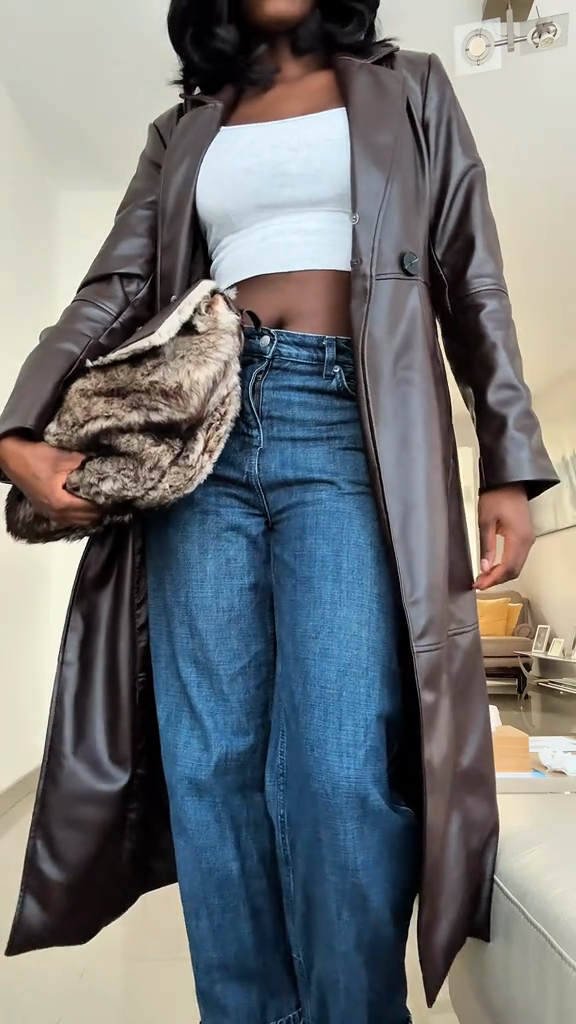 Brown Faux Leather Trench Coat-Mesadic