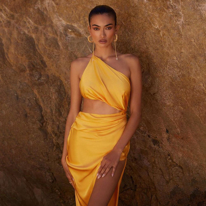 Anya One-Shoulder Silk Satin Maxi Dress-CALLISTARI