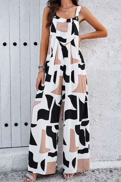 Printed Wide Strap Jumpsuit with Pockets-CALLISTARI