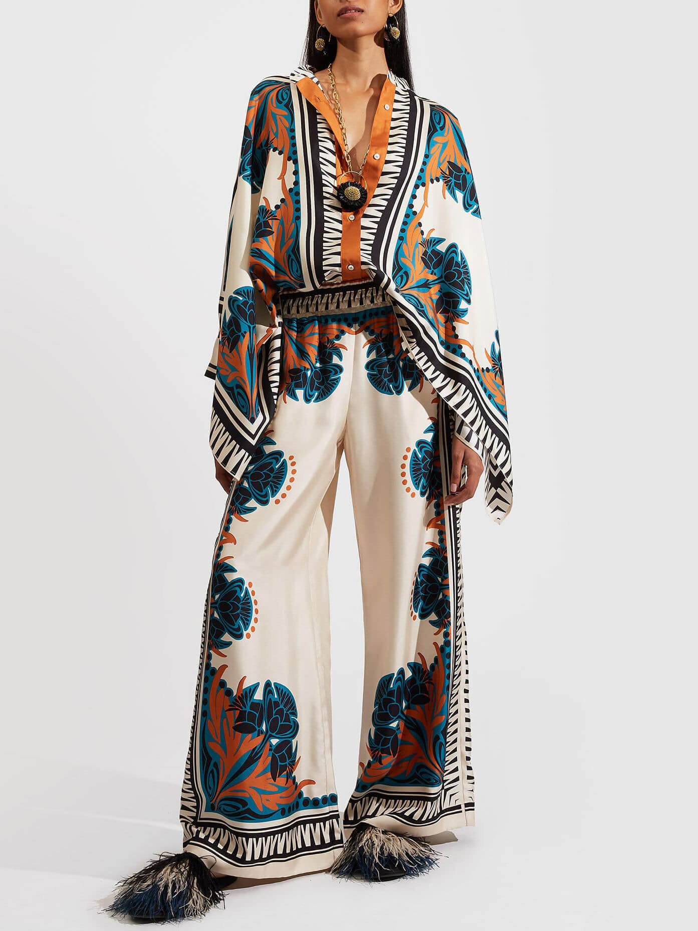 Fine Satin Floral Print Batwing Sleeve Pants Set - Orange-Mesadic