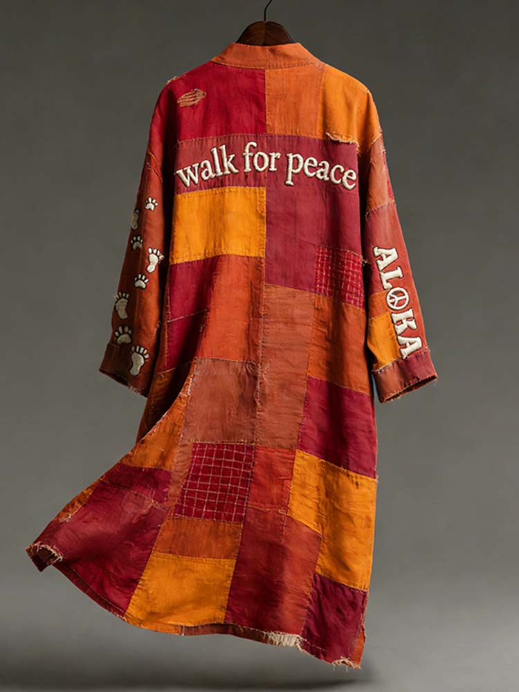 Vintage Peace For Walk Art In Patchwork Print Linen Long Kimono