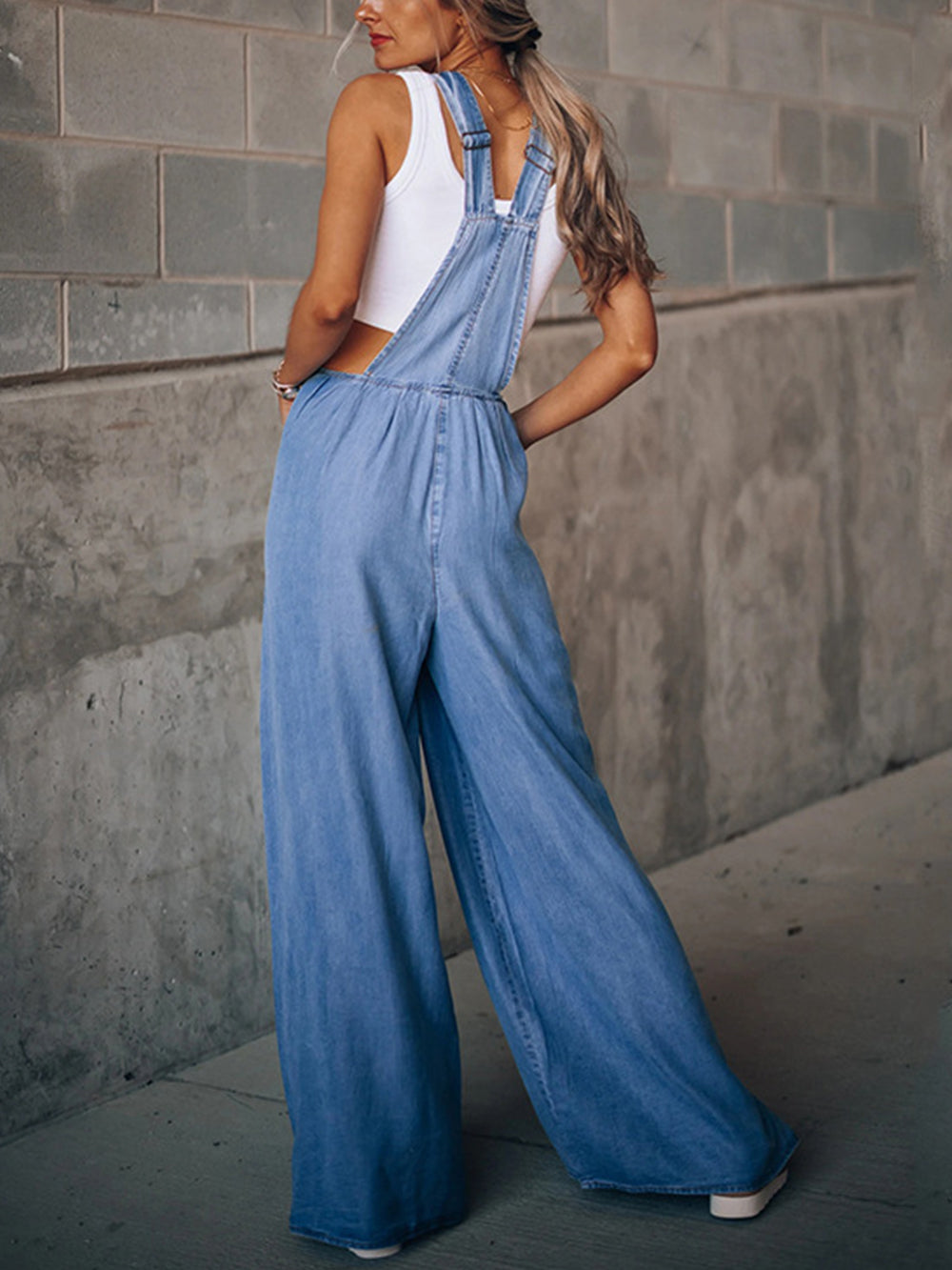 Solid Color Casual Loose Ripped Denim Overalls-CALLISTARI