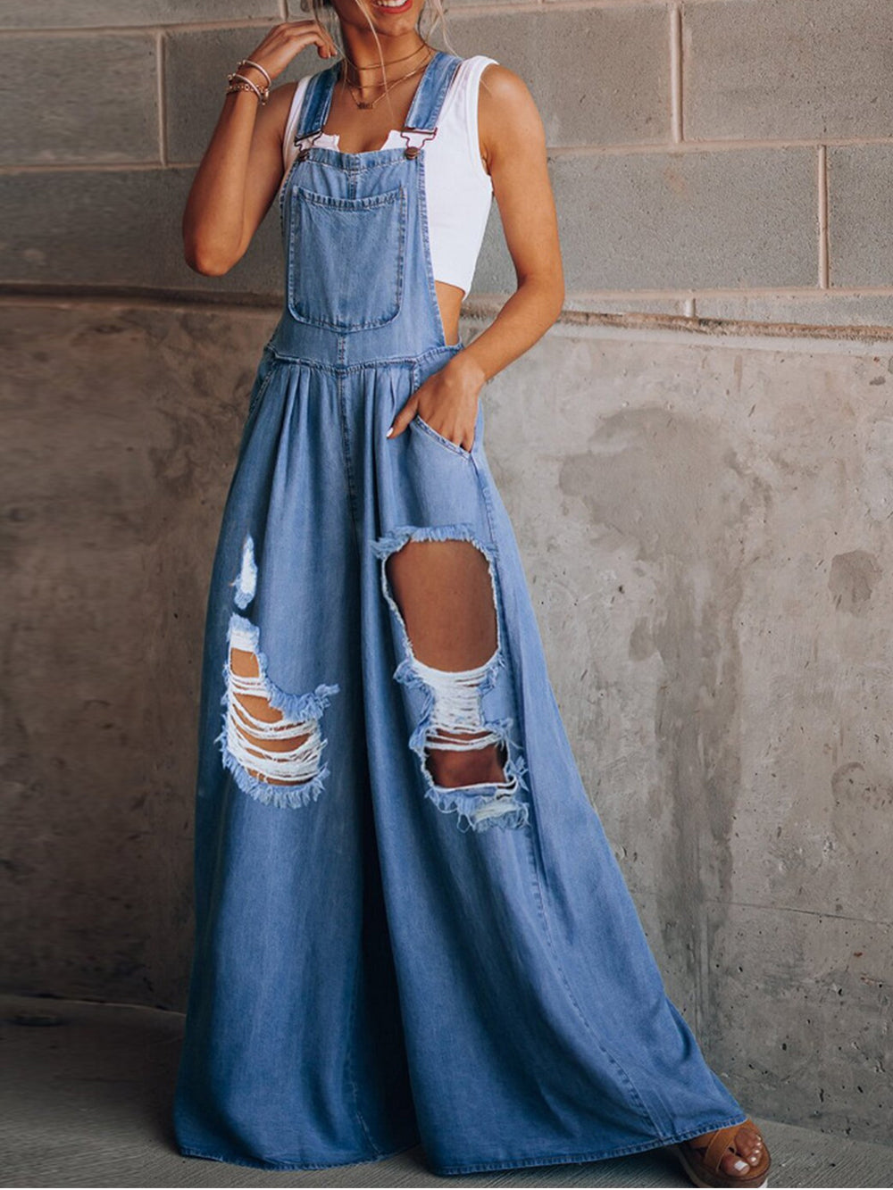 Solid Color Casual Loose Ripped Denim Overalls-CALLISTARI