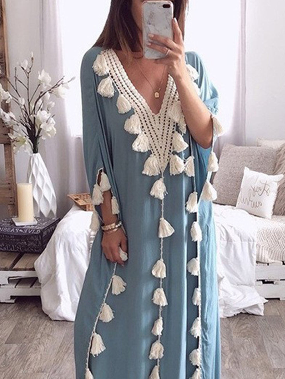 V-Neck Fringed Panel Dress-CALLISTARI