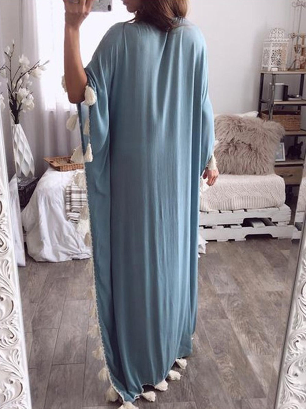 V-Neck Fringed Panel Dress-CALLISTARI