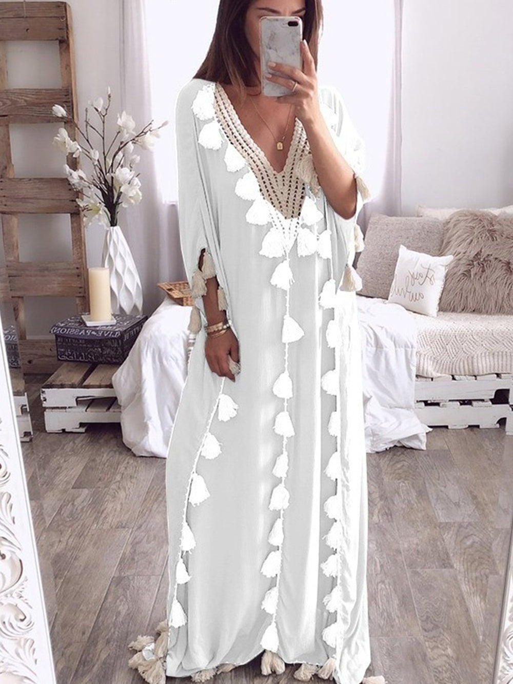 V-Neck Fringed Panel Dress-CALLISTARI