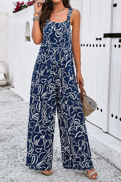 Printed Wide Strap Jumpsuit with Pockets-CALLISTARI