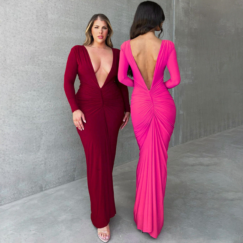 Midnight- Pleated Long Sleeve Backless Bodycon Maxi Dress-CALLISTARI