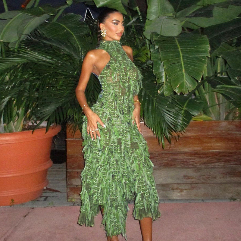SORA Shaggy Green Halter Midi Dress-CALLISTARI
