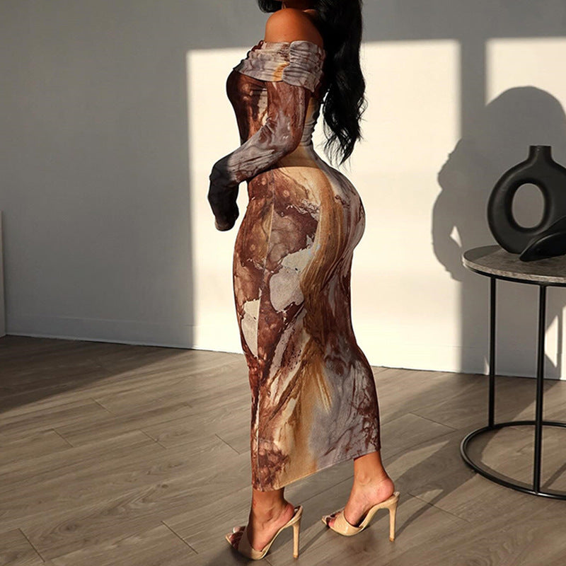 Off-Shoulder Abstract Print Layered Bodycon Maxi Dress-CALLISTARI