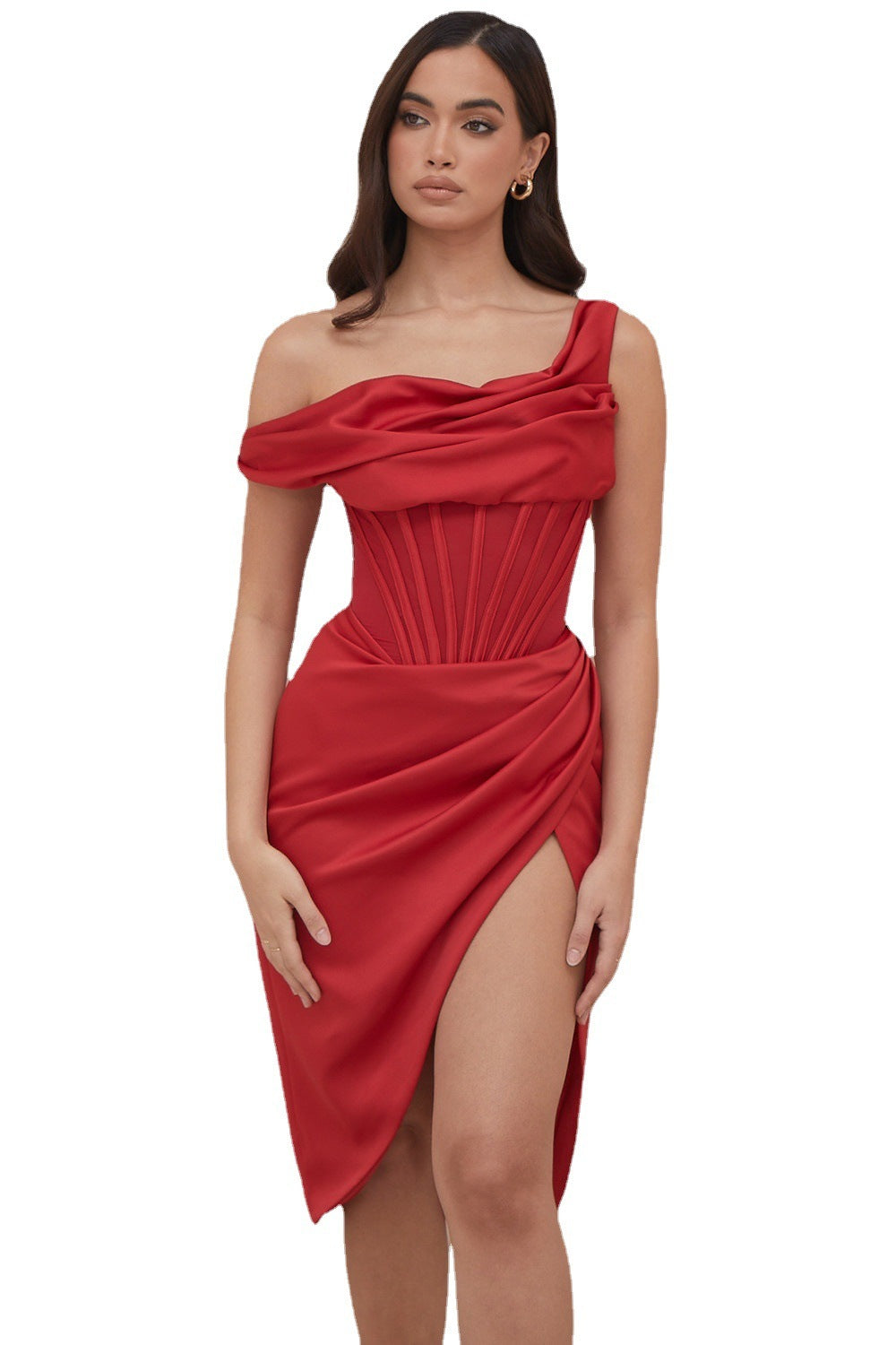 Isla Asymmetric Shoulder Stitch Slit Midi Dress-CALLISTARI