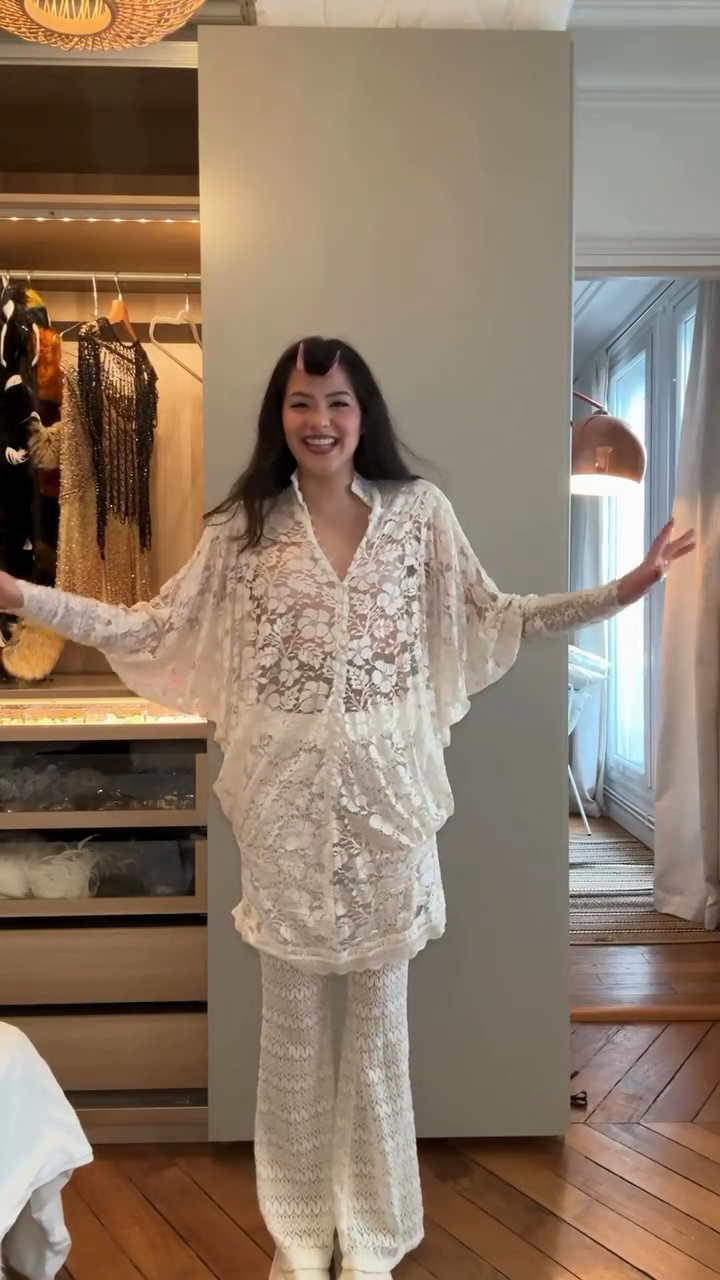 Ivory floral lace top and crochet flared pants set-Trafni