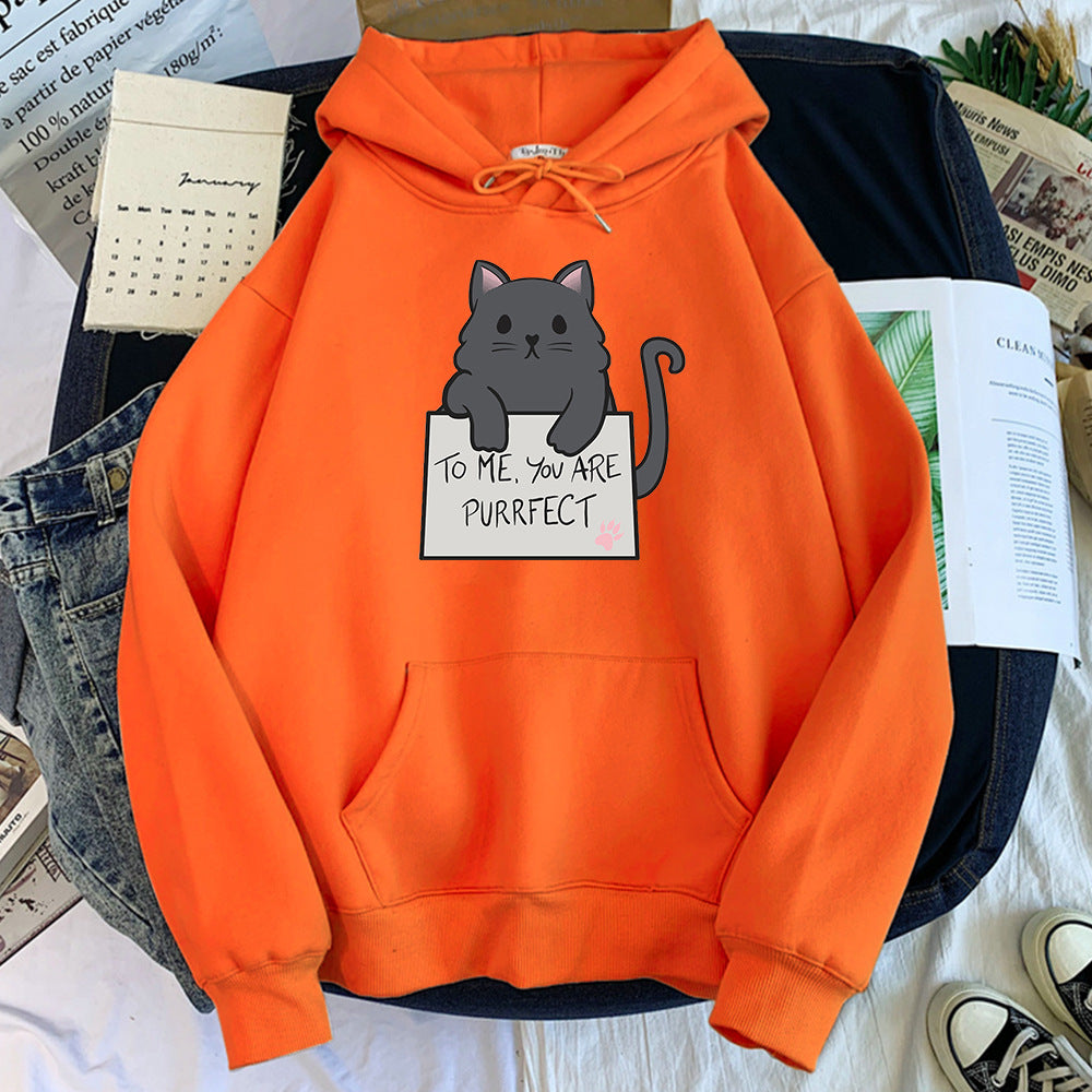 Casual Cat Text Printed Pullover Hoodie-CALLISTARI