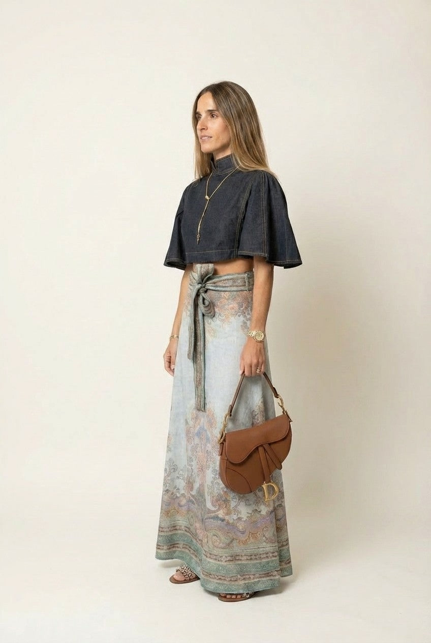 Denim Crop Blouse & Patterned Maxi Skirt