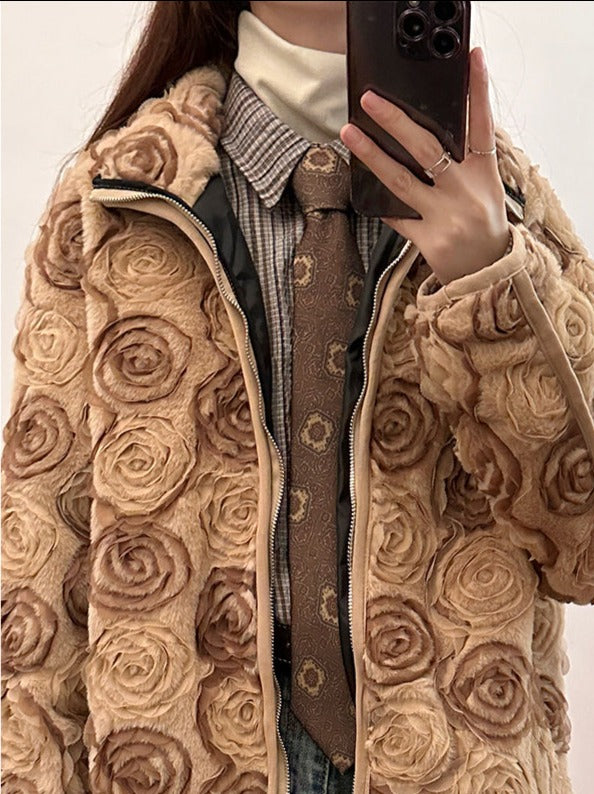 Spring Flower designer original national style rose lamb velvet jacket for women-Mesadic
