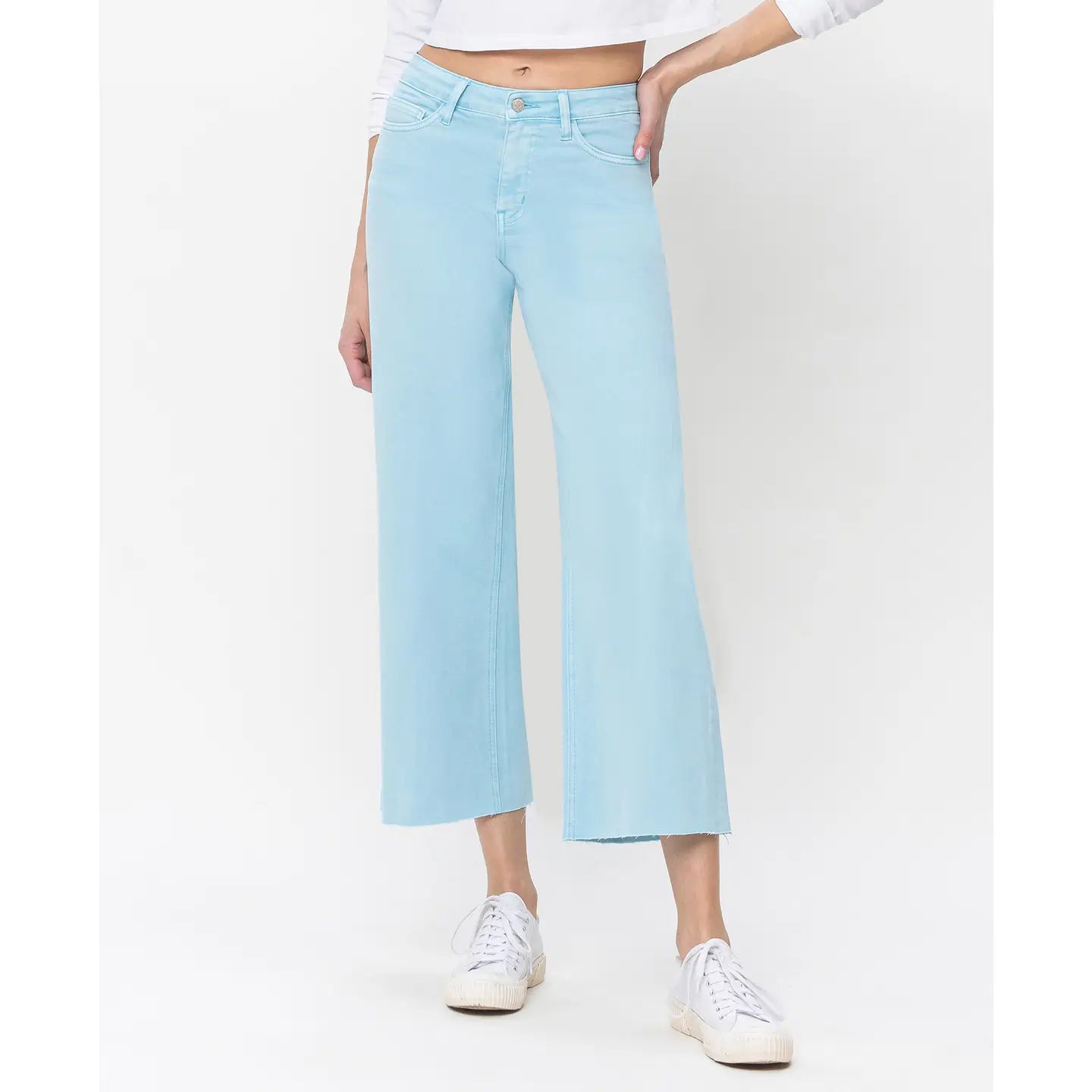 High Rise Clean Cut Raw Hem Wide Leg Jeans - Pastel Turquoise-Mesadic